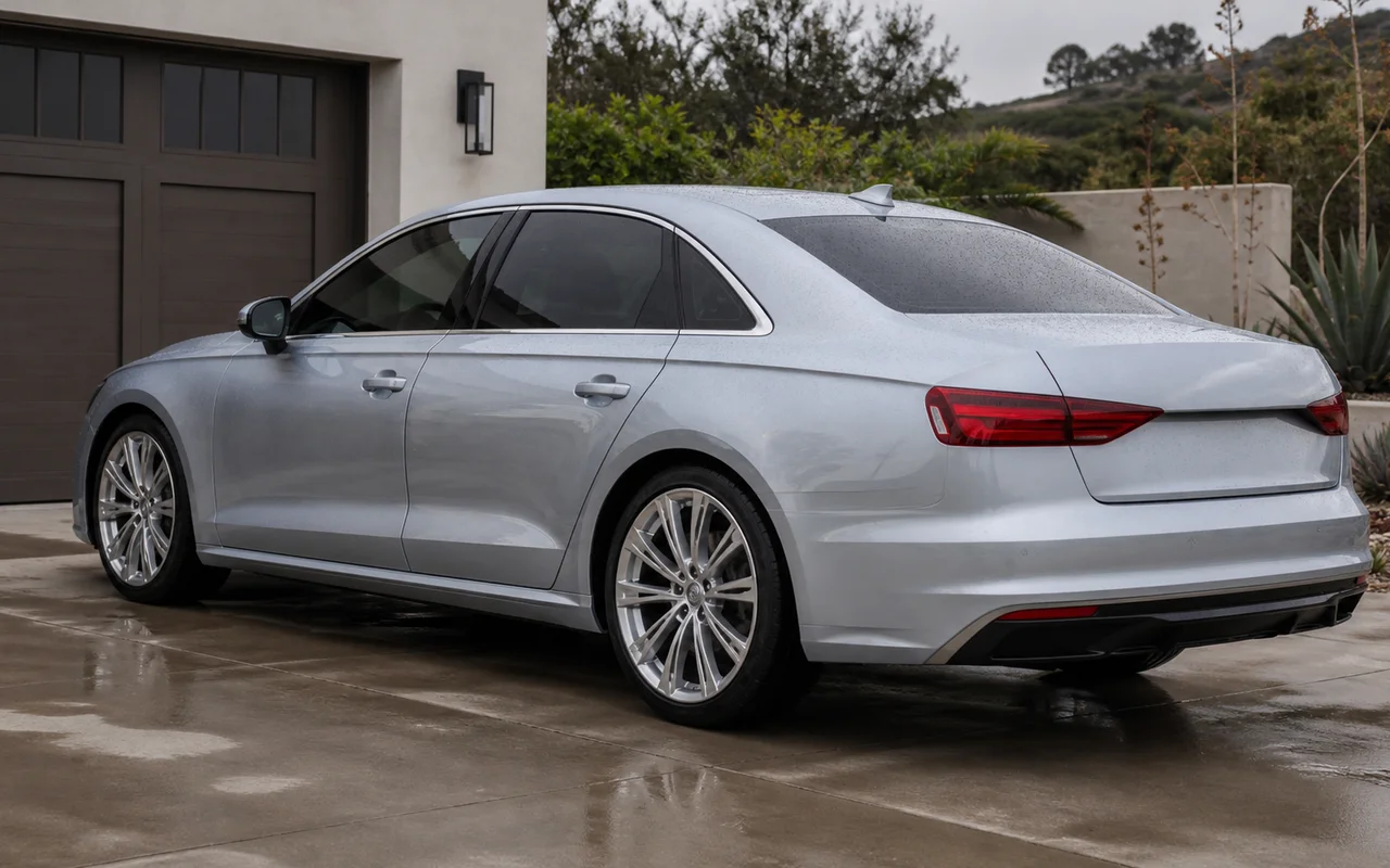 Wet silver sedan with water droplets and clean wheels on a damp residential driveway