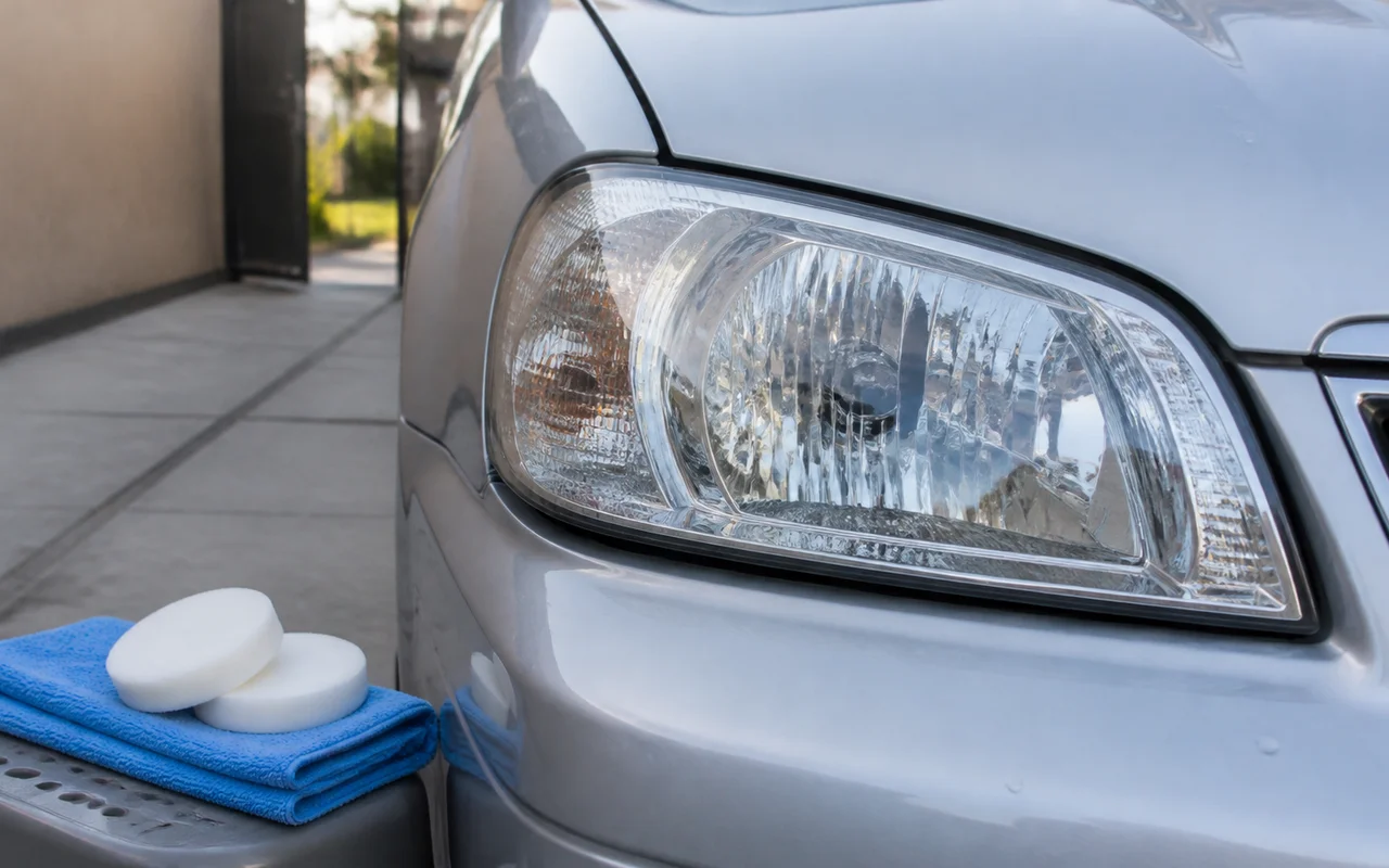 Clear unlit headlight on an older silver car with blue towel and white finishing pads nearby