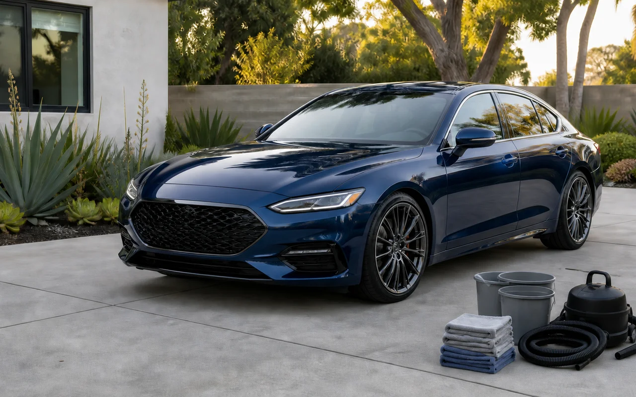 Clean dark blue sedan on a stucco-home driveway beside grey buckets, folded towels and unmarked black vacuum