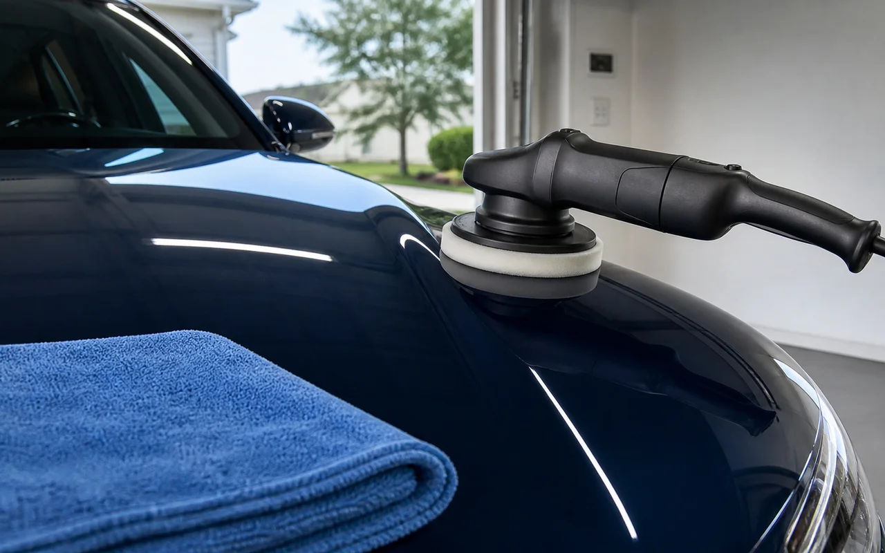 Plain black orbital polisher and blue microfiber towel resting on a glossy dark blue hood in a neutral garage