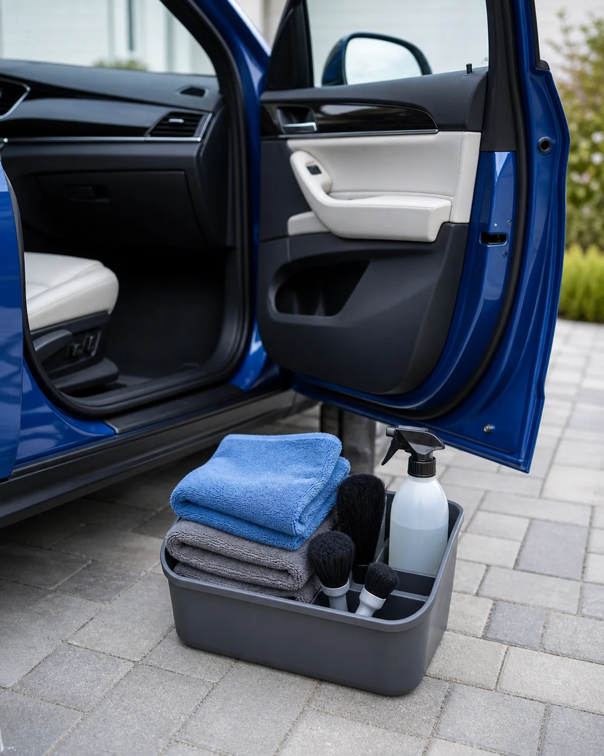 Organizer holding blue and grey towels, soft brushes and unlabeled spray bottle beside open blue car passenger door