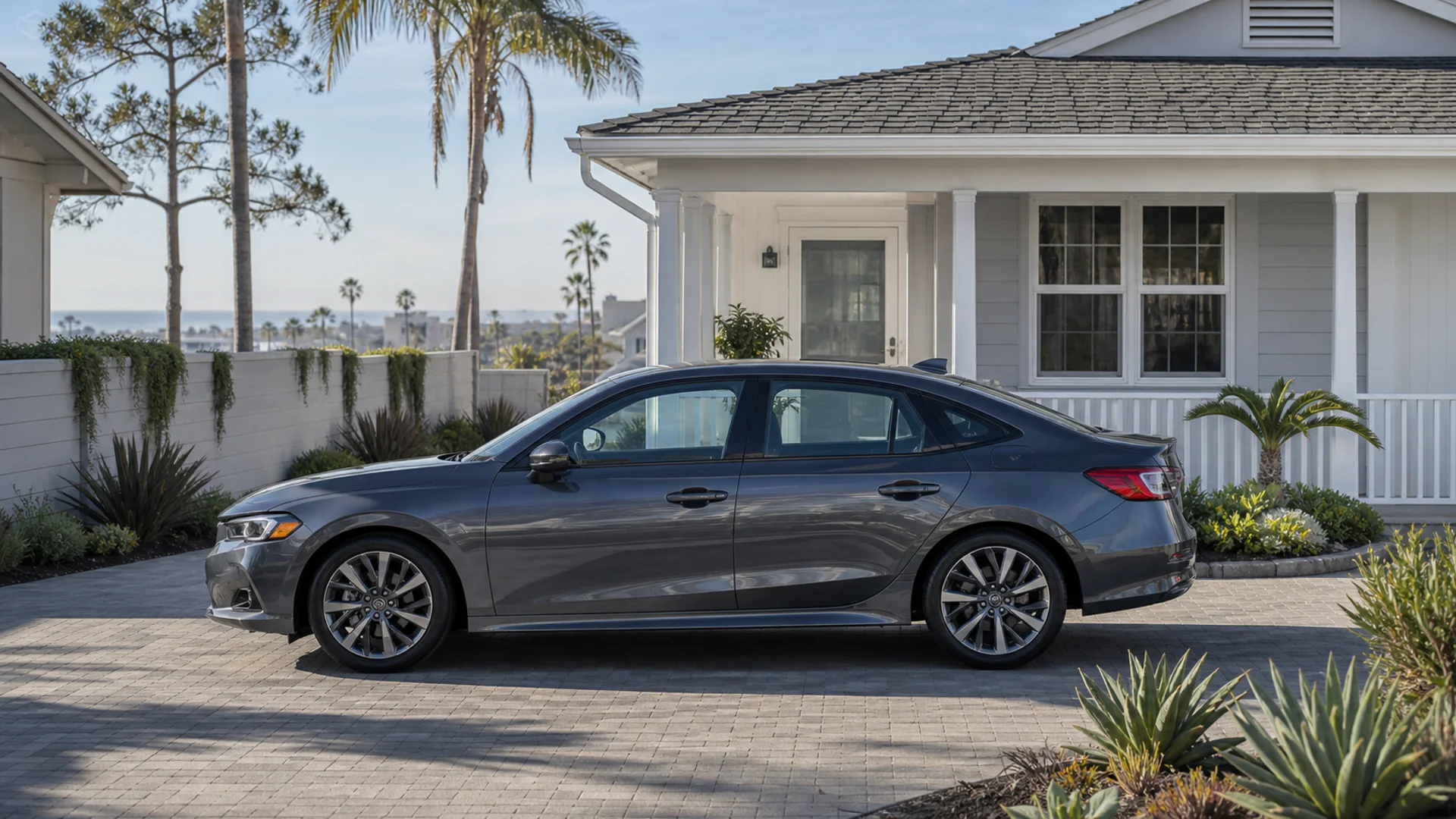 Grey sedan in side profile outside white coastal bungalow with landscaping and palms
