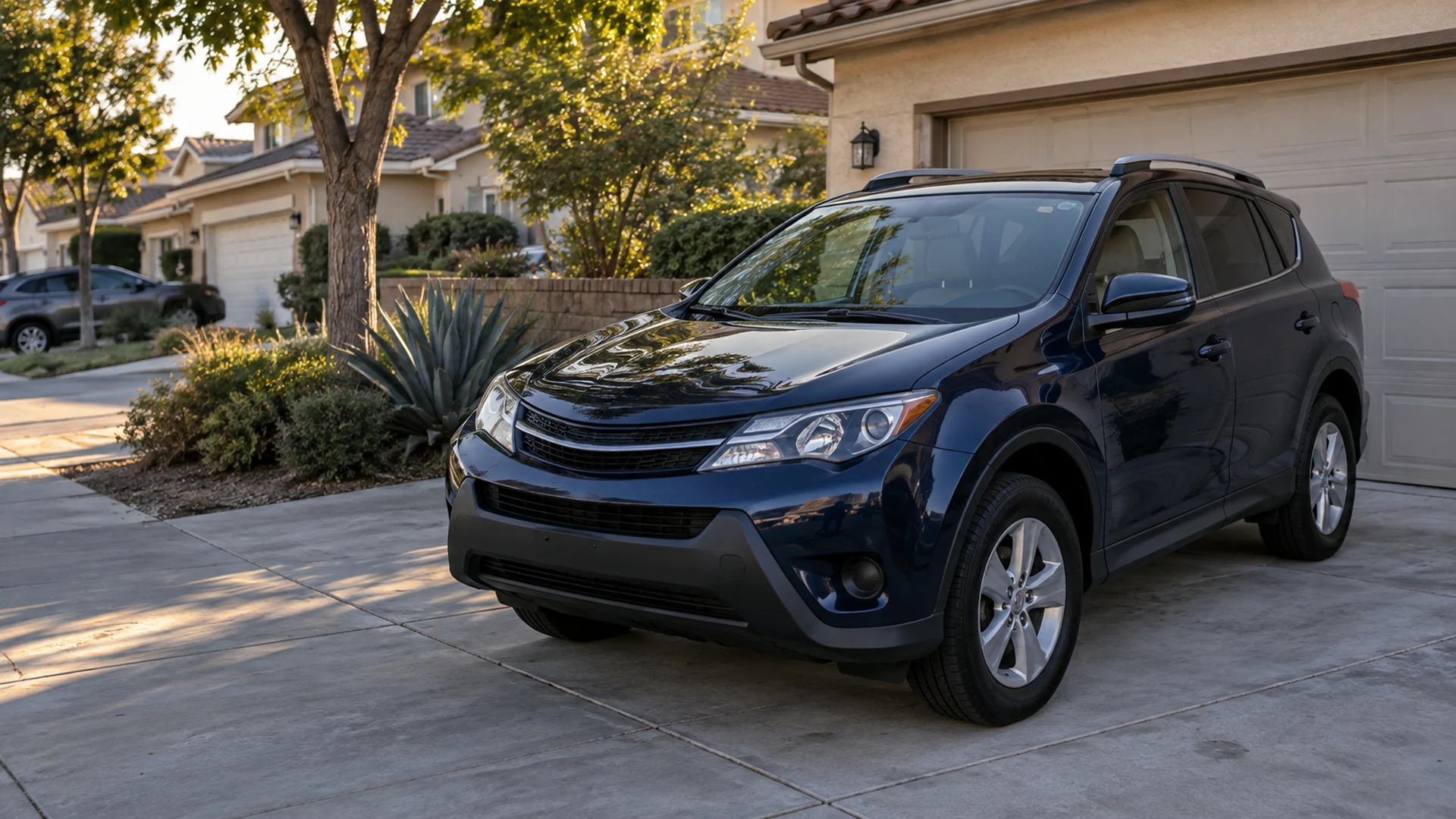 Dark blue compact family SUV parked on an ordinary Orange County townhouse driveway