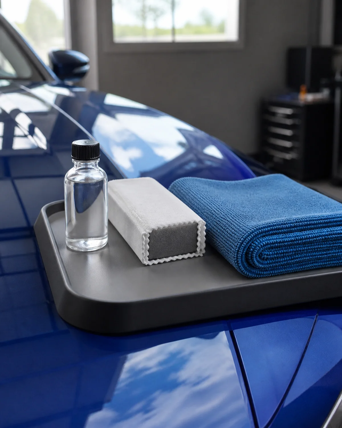 Blank clear bottle, cloth-wrapped applicator and folded blue towel on a tray beside a glossy blue hood