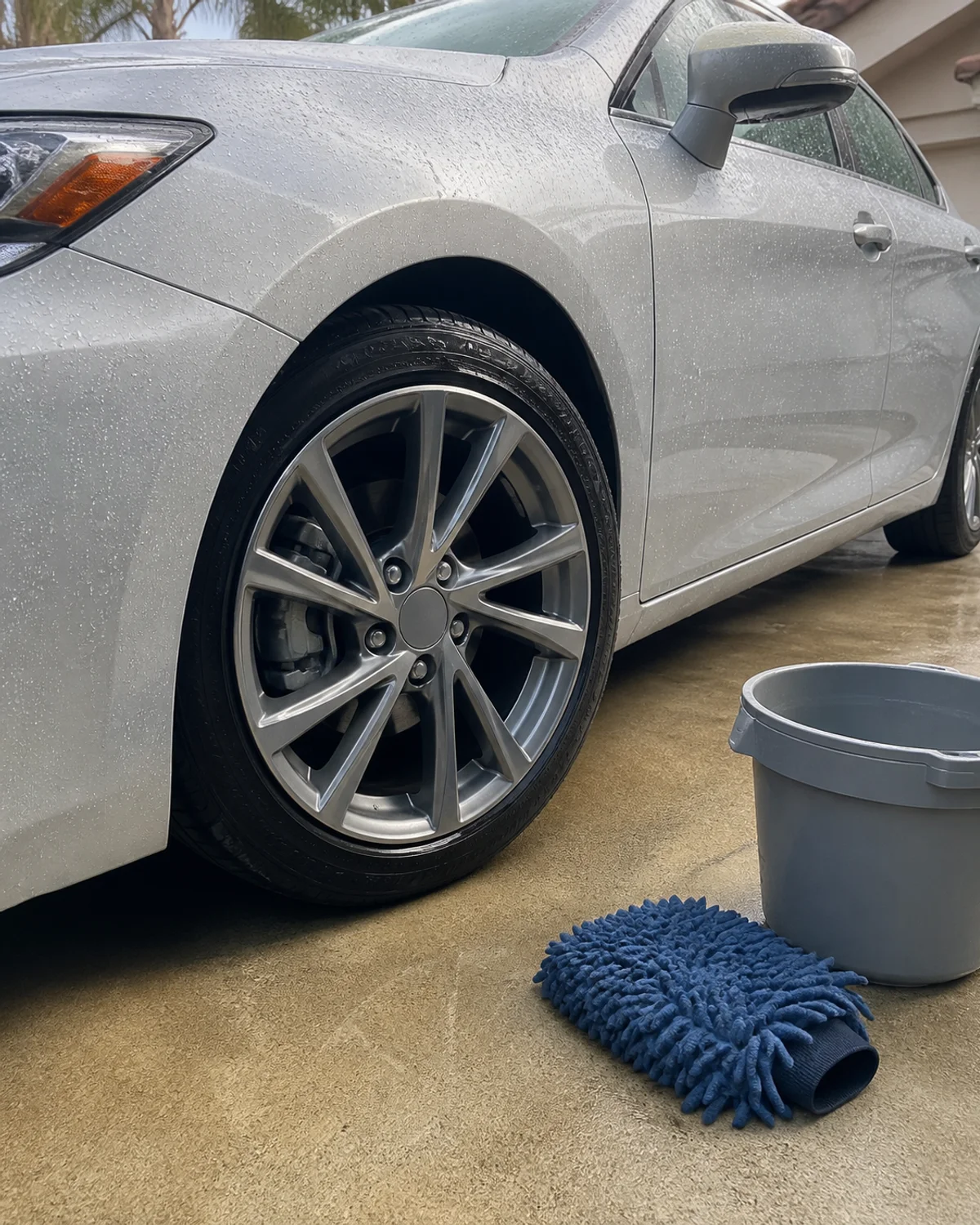 Clean silver car front wheel and fender with water droplets, blue wash mitt and grey bucket