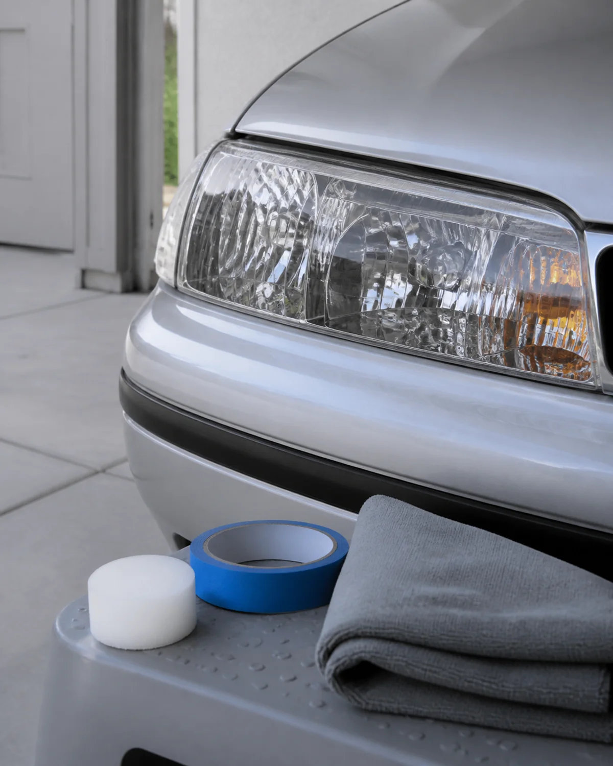 Side-angle close-up of a clear headlight, with blue masking tape, white foam pad and grey towel
