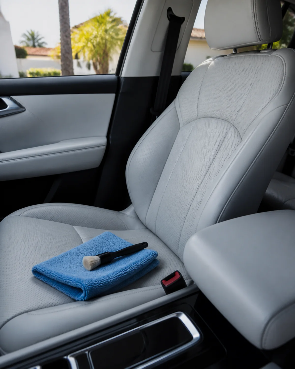 Close-up of clean perforated grey leather passenger seat with blue towel and small detailing brush
