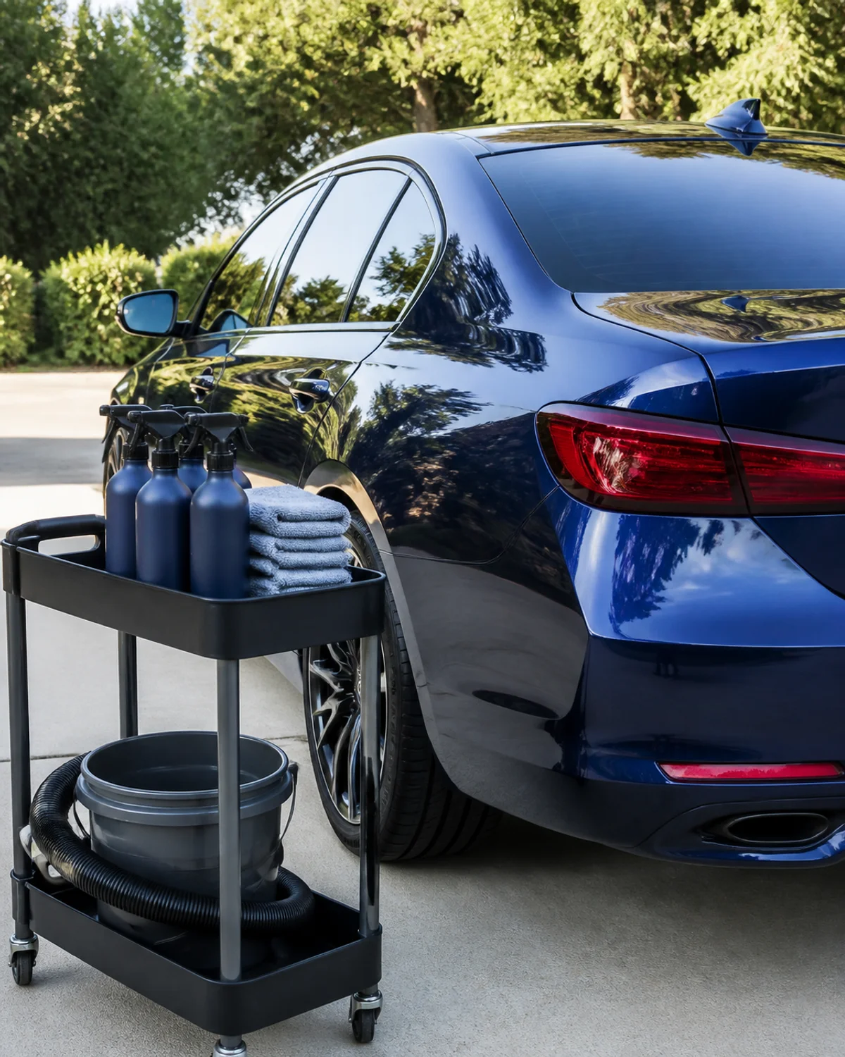 Detailing cart with plain blue bottles, towels, bucket and hose beside the rear passenger side of a blue sedan